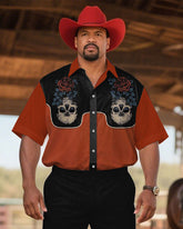 Western Denim-Men's Plus Size Black & Red Skull Flower Print Short Sleeve Shirt Trousers Suit